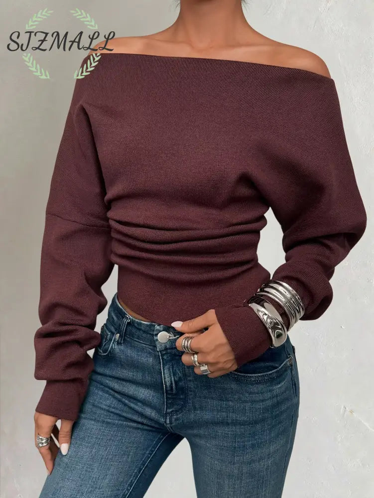 Off-Shoulder Ruched Long Sleeve Sweaer - Red / S