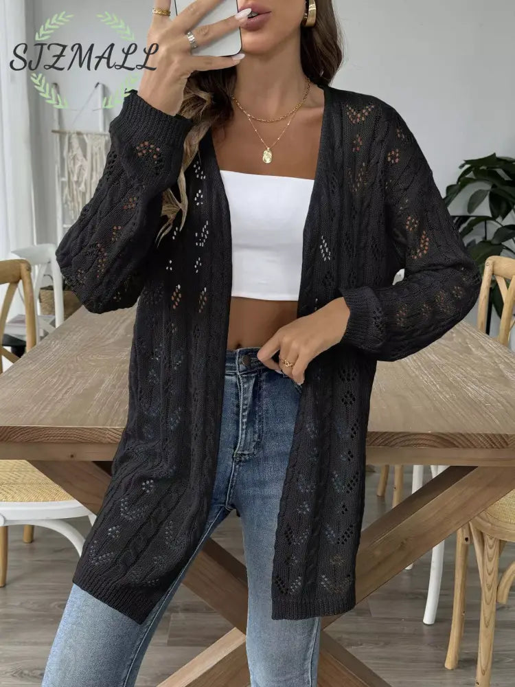 Openwork Open Front Knit Cardigan - Black / One Size