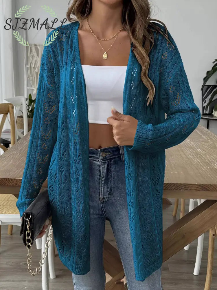 Openwork Open Front Knit Cardigan - Peacock Blue / One Size