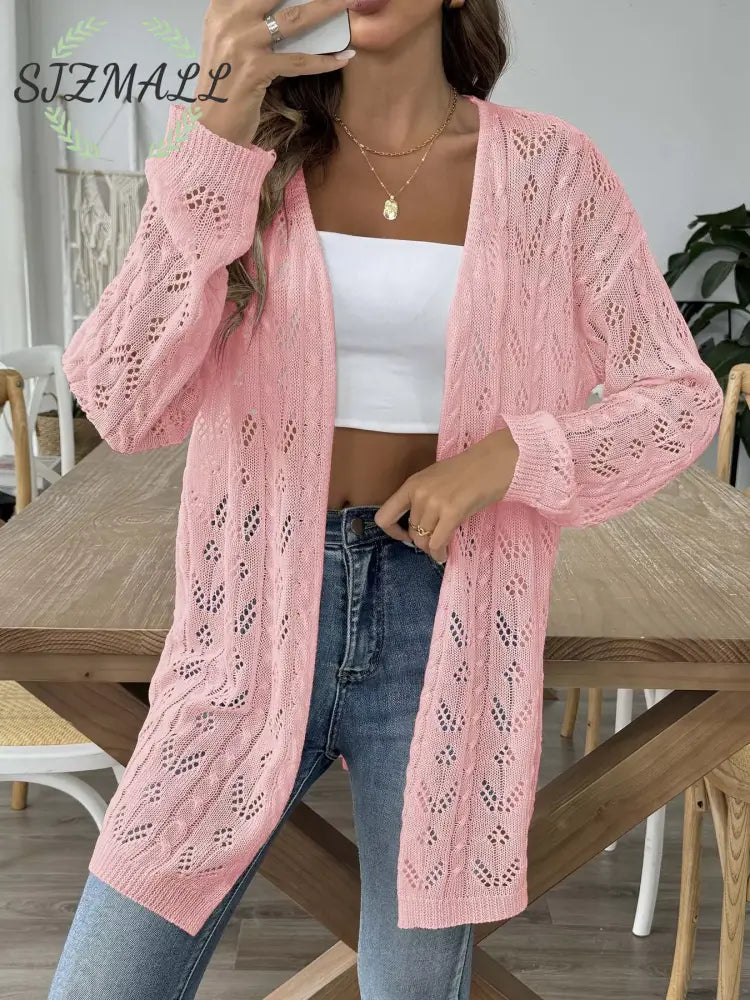Openwork Open Front Knit Cardigan - Pink / One Size