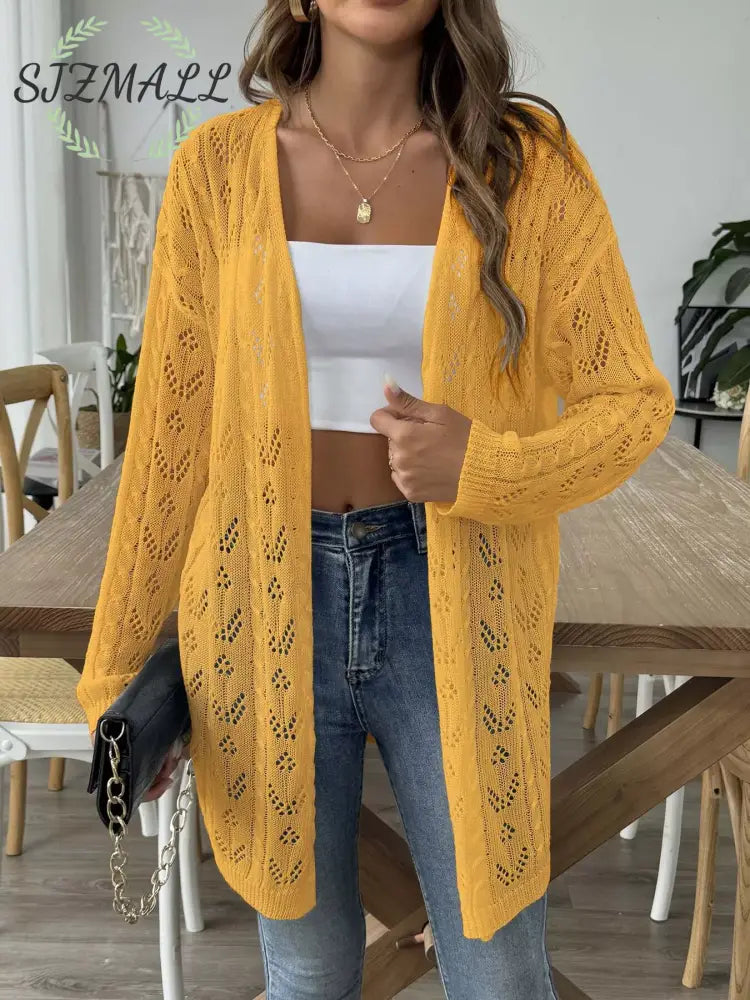Openwork Open Front Knit Cardigan - Yellow / One Size