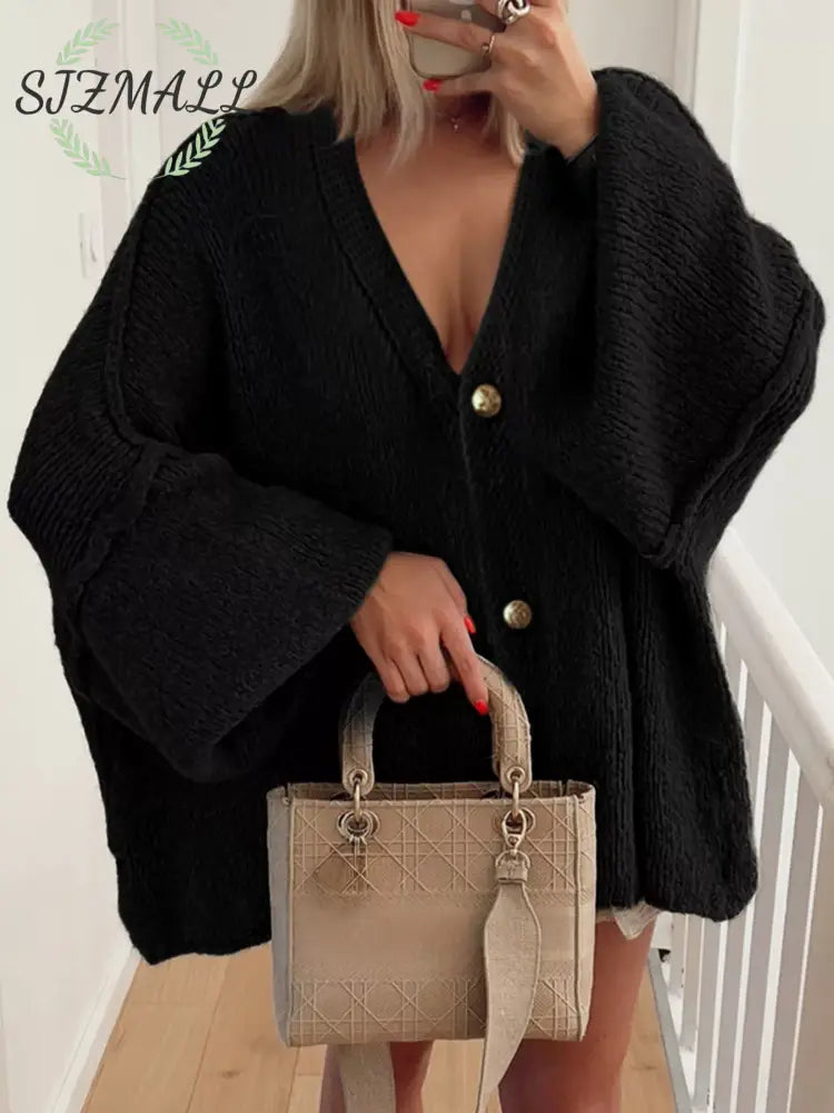 Oversized Knit Button Up Cardigan - Black / S