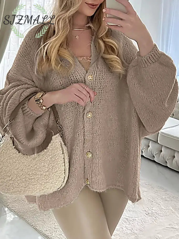 Oversized Knit Button Up Cardigan - Khaki / S