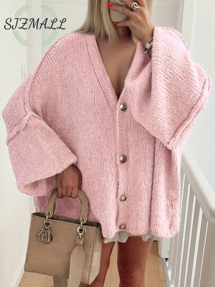 Oversized Knit Button Up Cardigan - Pink / S