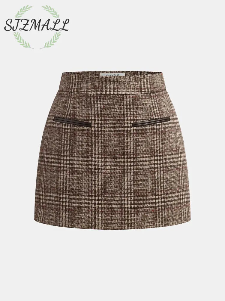 Plaid Tweed Mini Skirt - Brown / XS