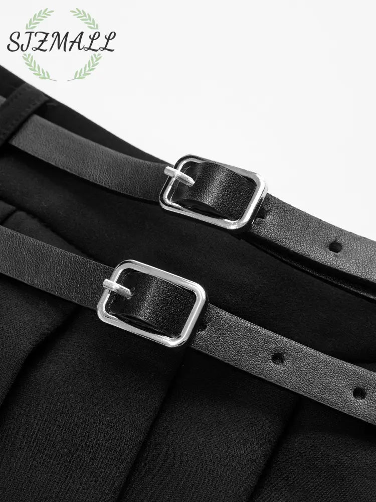 Pleated Double Buckle Mini Skirt