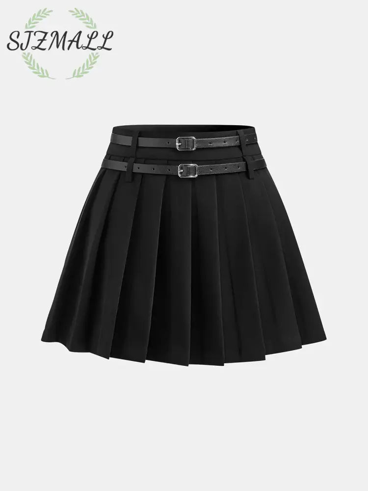 Pleated Double Buckle Mini Skirt - Black / XS