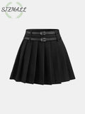 Pleated Double Buckle Mini Skirt - Black / XS
