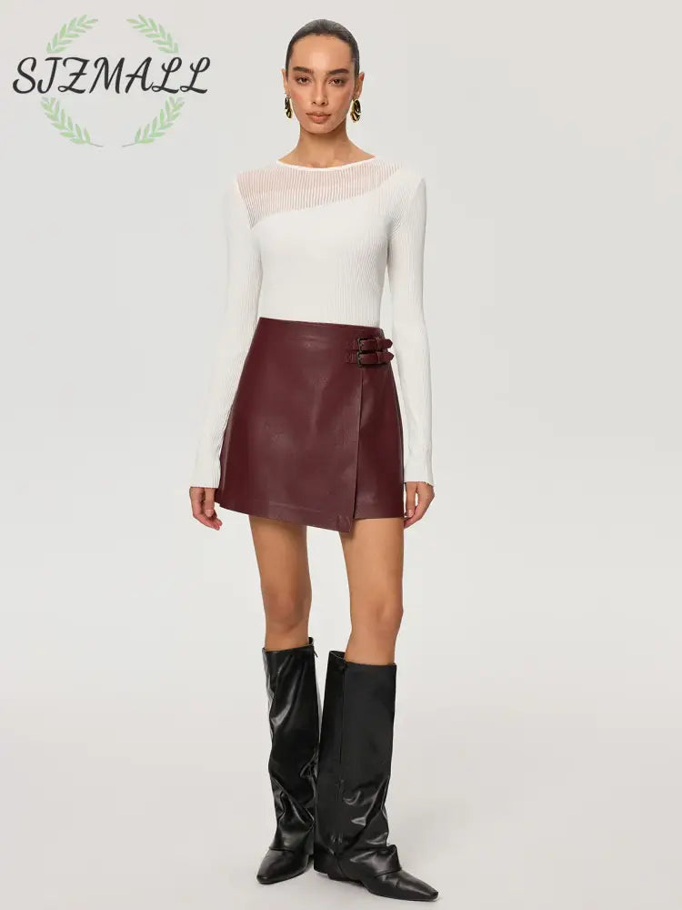 PU Leather Asymmetric Skirt with Double-Belt Detail
