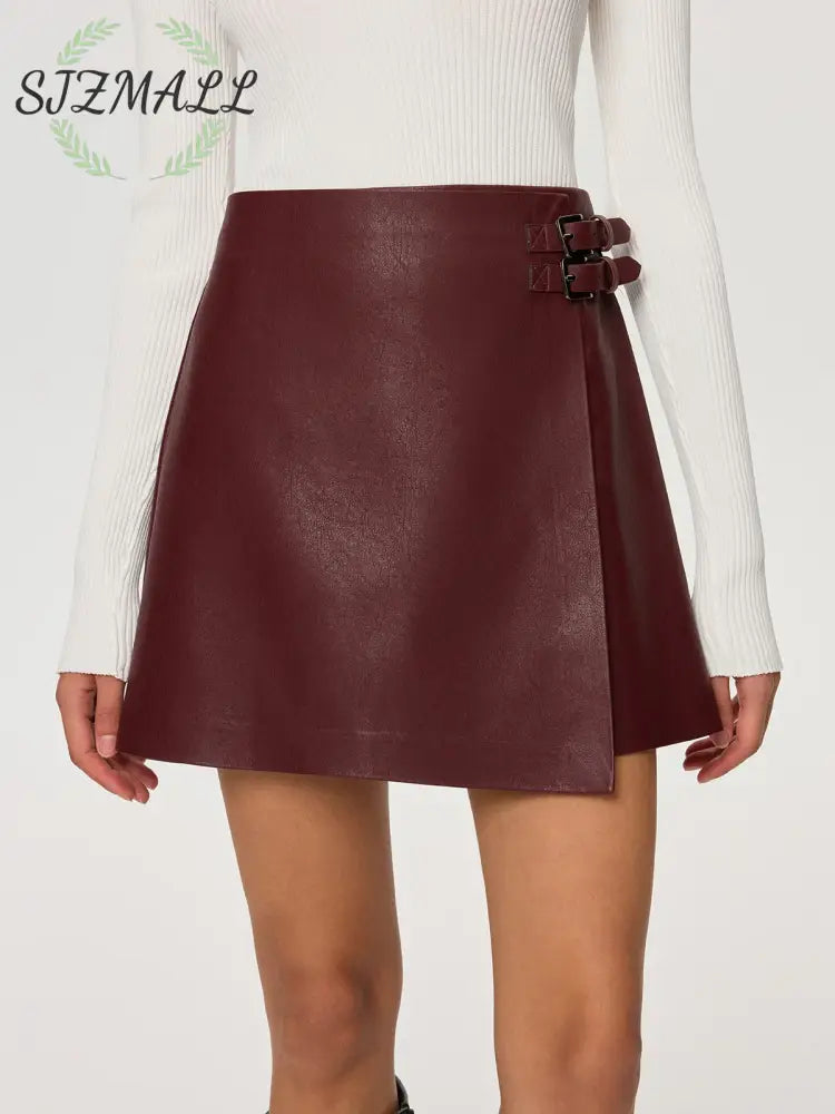 PU Leather Asymmetric Skirt with Double-Belt Detail