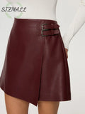 PU Leather Asymmetric Skirt with Double-Belt Detail - Burgundy / XS