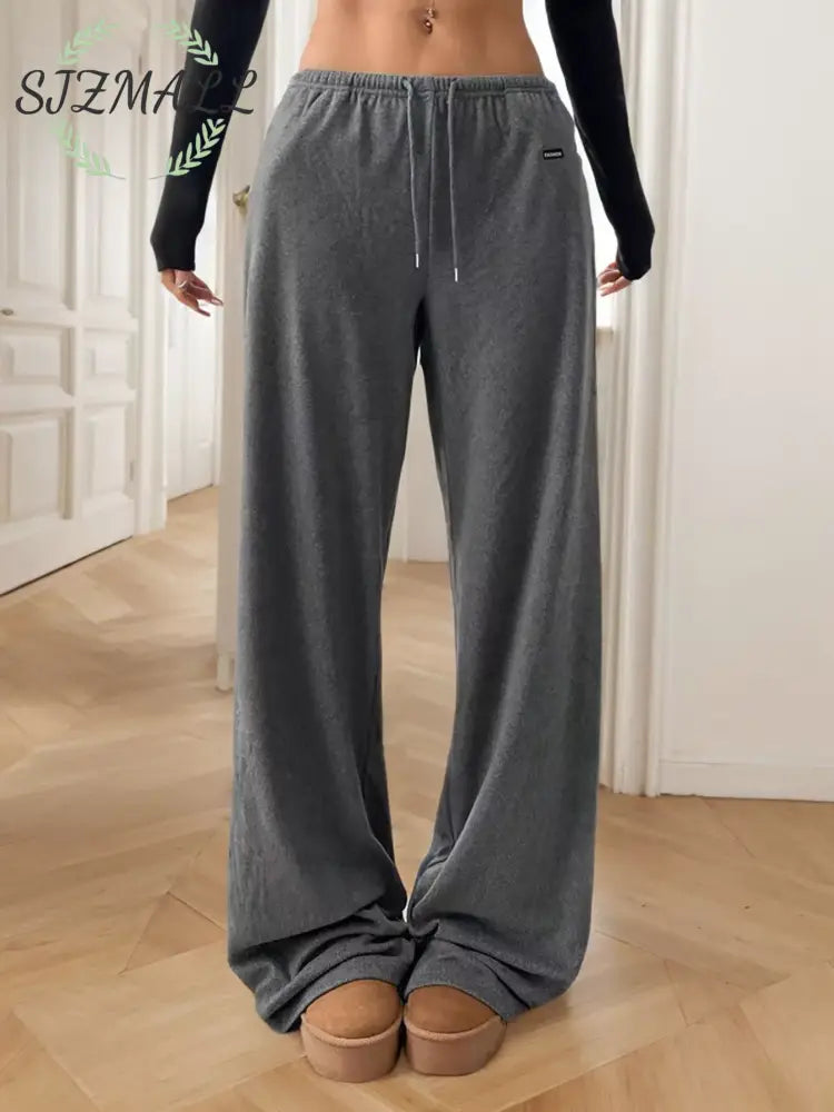 Relaxed Fit Drawstring Pants - Gray / S