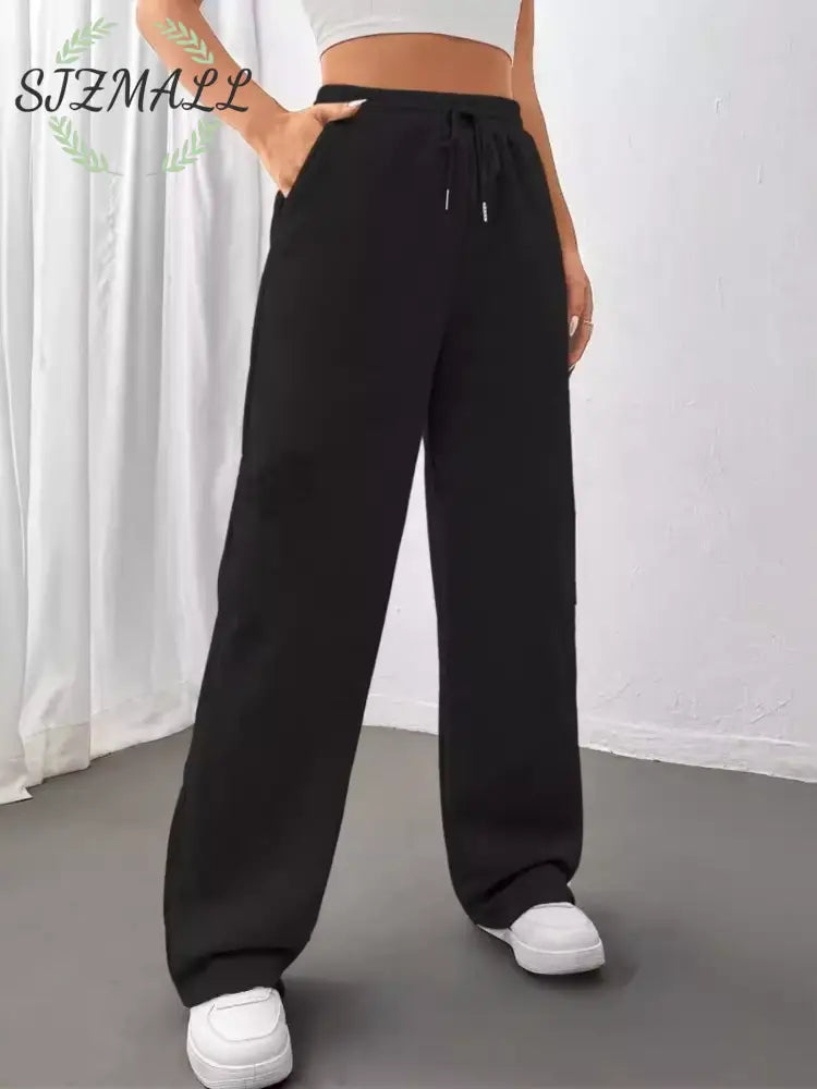 Relaxed Fit Drawstring Waist Solid Pants