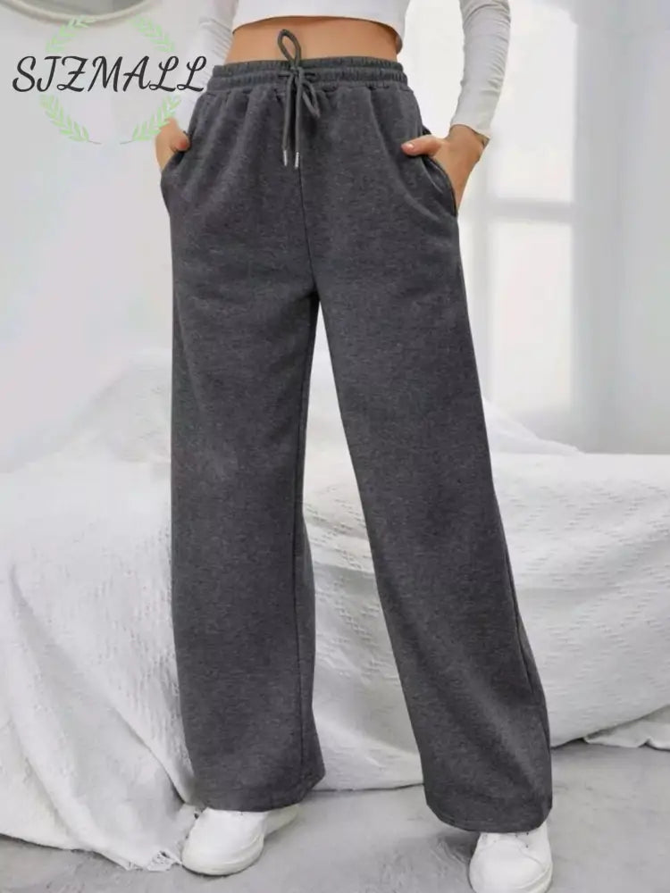 Relaxed Fit Drawstring Waist Solid Pants - Dark Gray / S