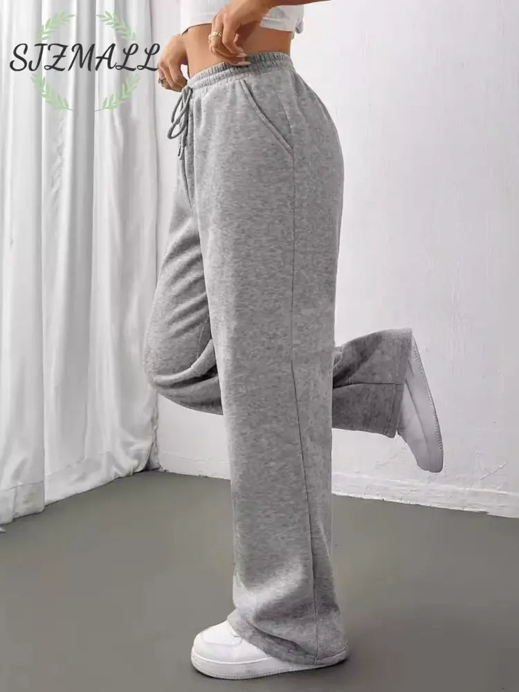 Relaxed Fit Drawstring Waist Solid Pants - Light Gray / S