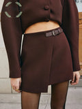 Retro Belted Zipper Skirt - Dark Brown / XS