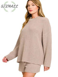Round Neck Knit Top and Shorts Sweater Set - ASH MOCHA / S