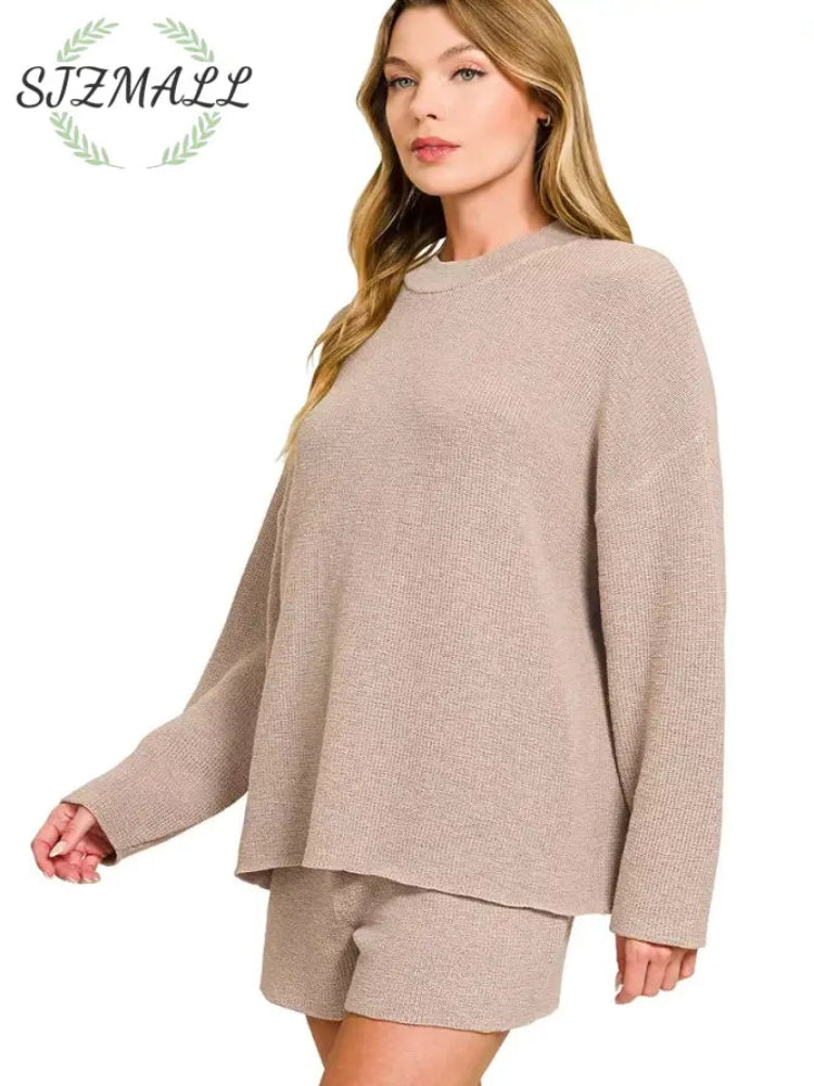 Round Neck Knit Top and Shorts Sweater Set - ASH MOCHA / S