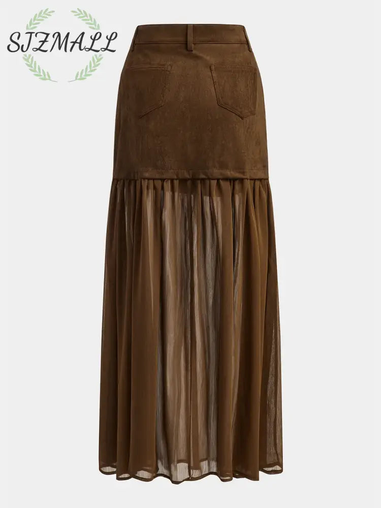 Semi-Sheer Mesh Panel Suede Effect Maxi Skirt