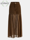 Semi-Sheer Mesh Panel Suede Effect Maxi Skirt - Dark Brown / XS
