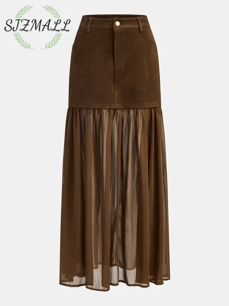 Semi-Sheer Mesh Panel Suede Effect Maxi Skirt - Dark Brown / XS