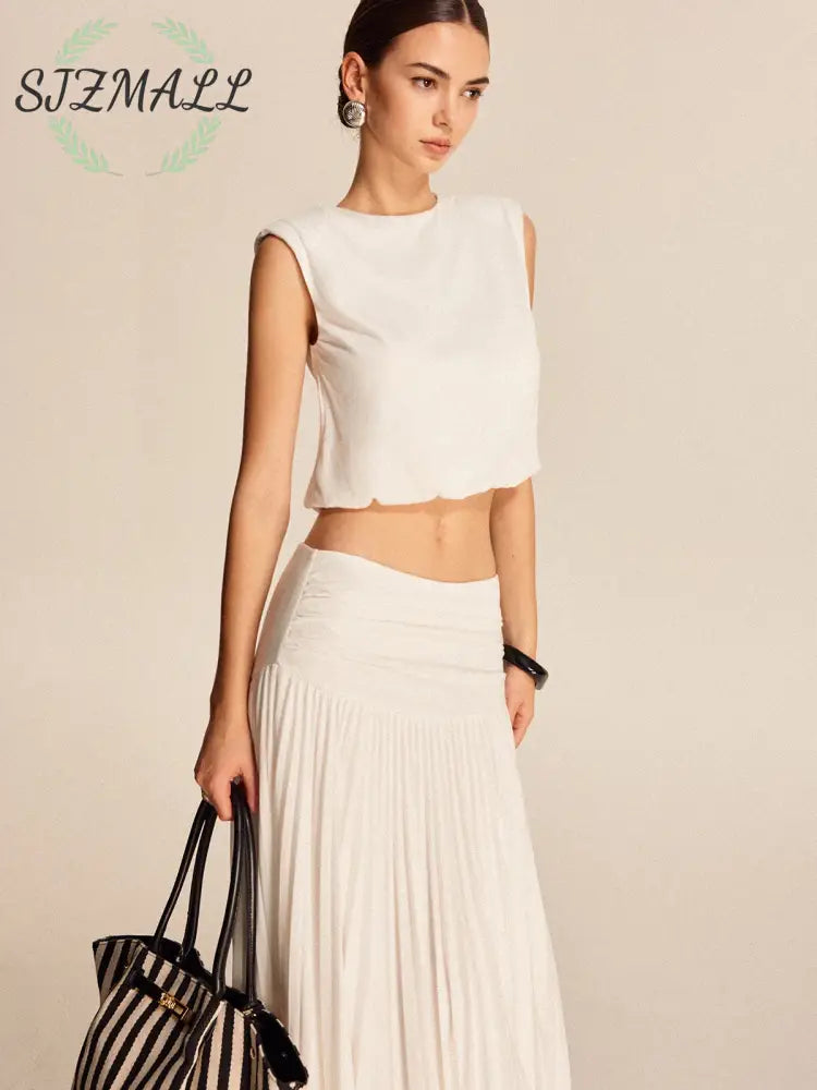 Shoulder-Padded Pleated Skirt Set