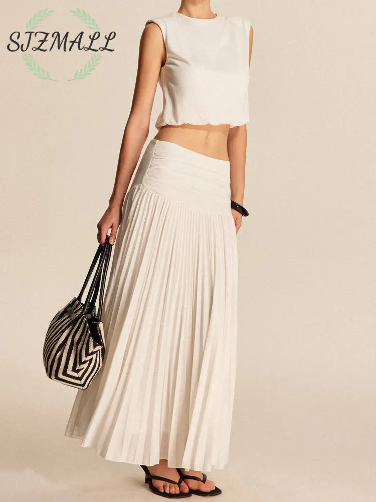 Shoulder-Padded Pleated Skirt Set