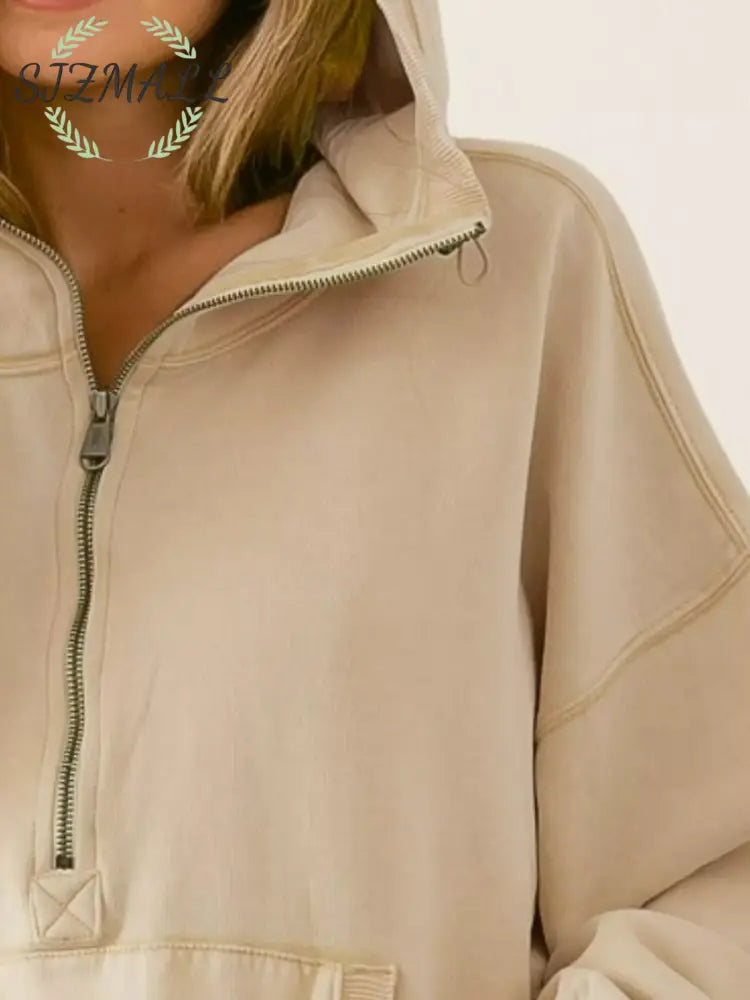 Stitch Detailed Elastic Hem Half Zip Fleece Hoodie