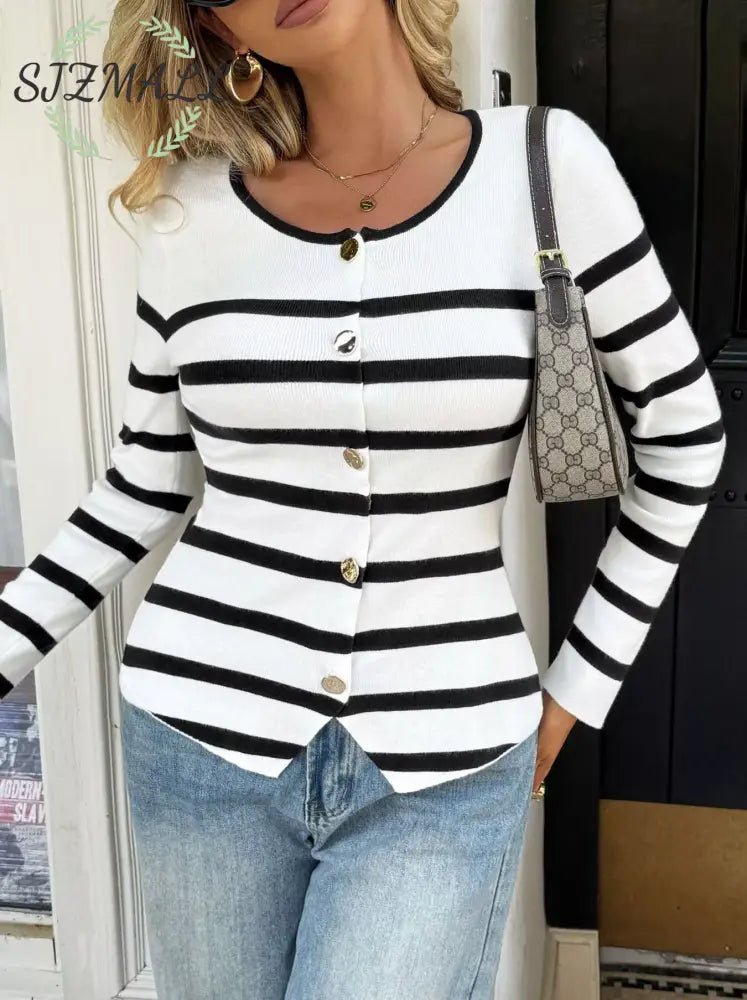 Striped Button-Up Knit Cardigan