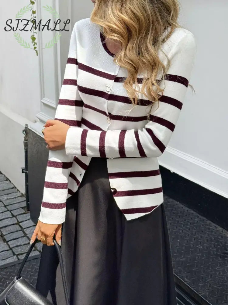Striped Button-Up Knit Cardigan