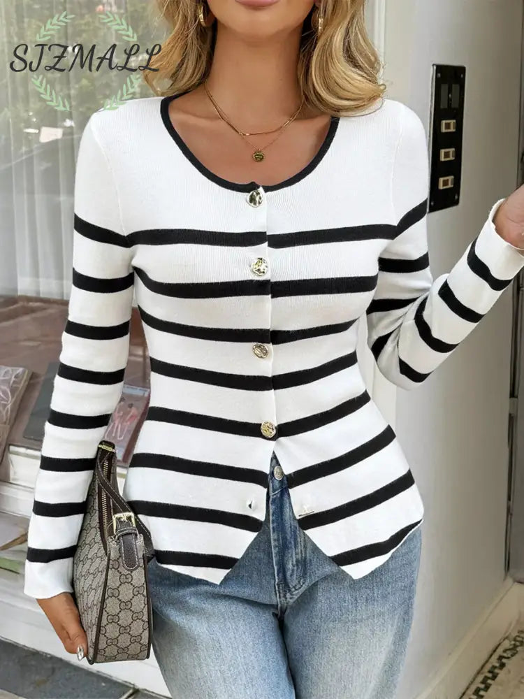 Striped Button-Up Knit Cardigan - White / S