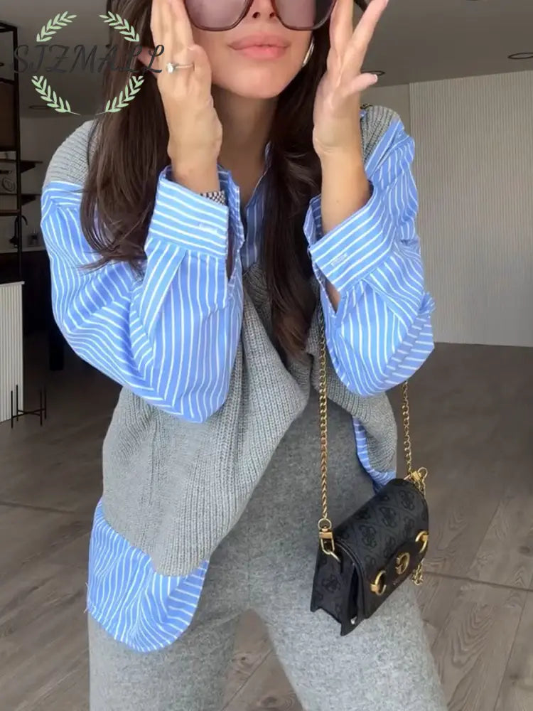 Striped shirt knitted fake two-piece set
