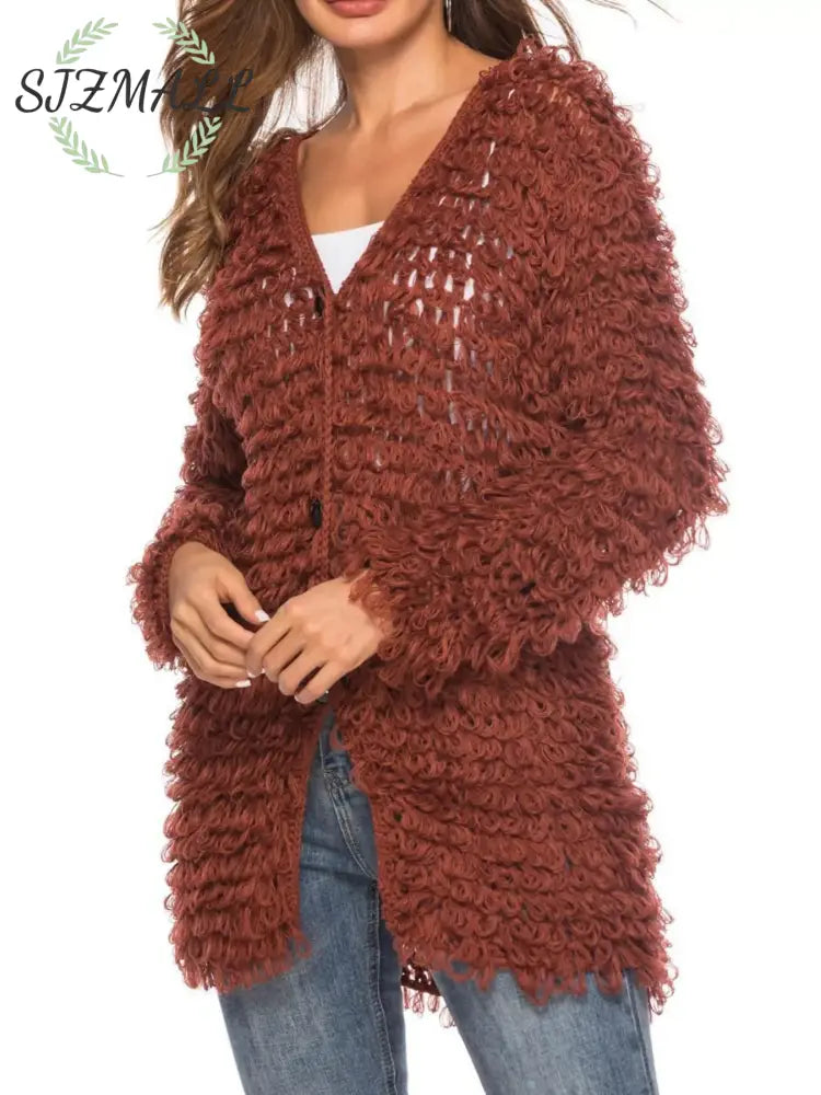Textured Knit Button Up Cardigan - Brown / One Size