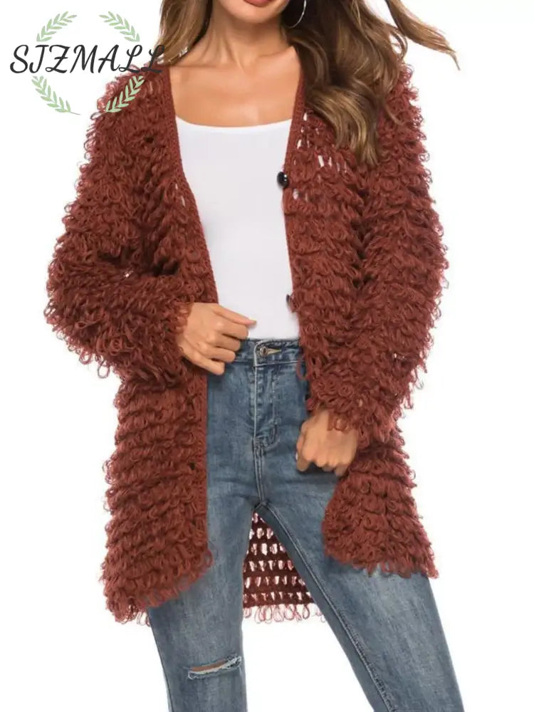 Textured Knit Button Up Cardigan - Brown / One Size