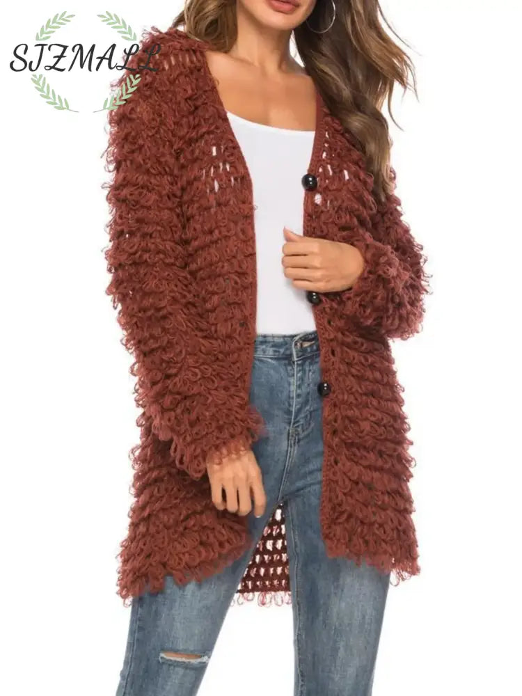 Textured Knit Button Up Cardigan - Brown / One Size
