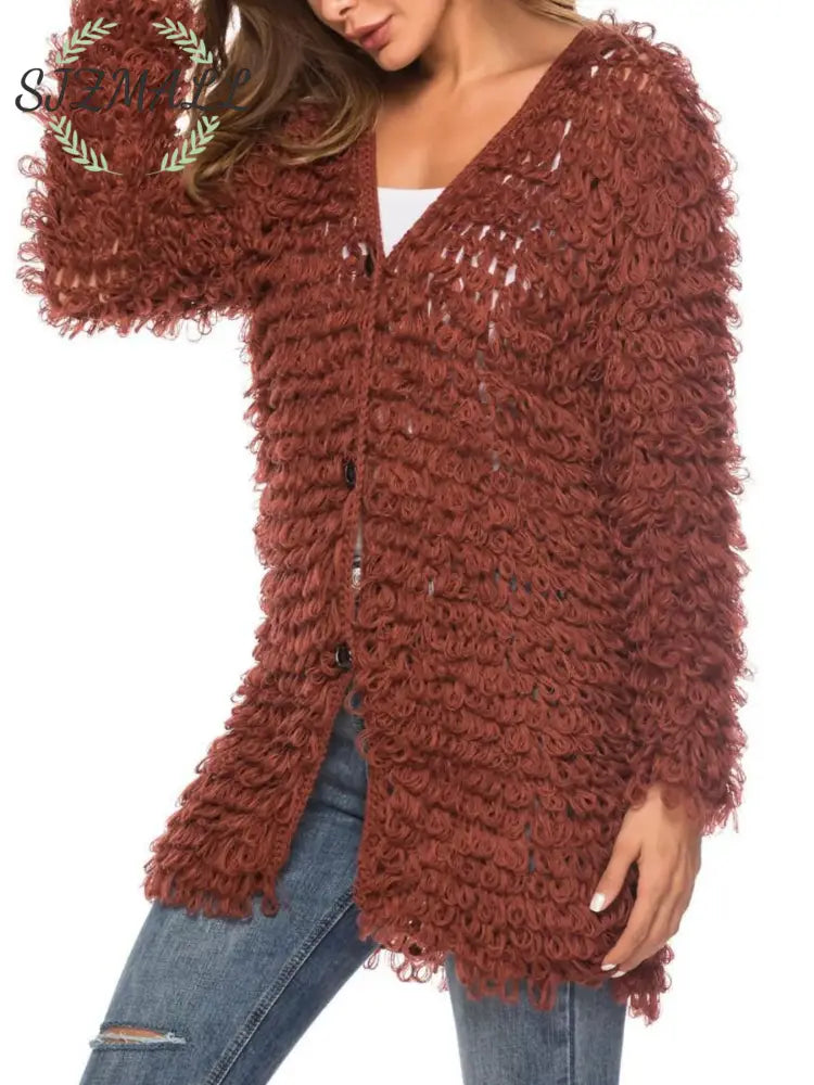 Textured Knit Button Up Cardigan - Brown / One Size