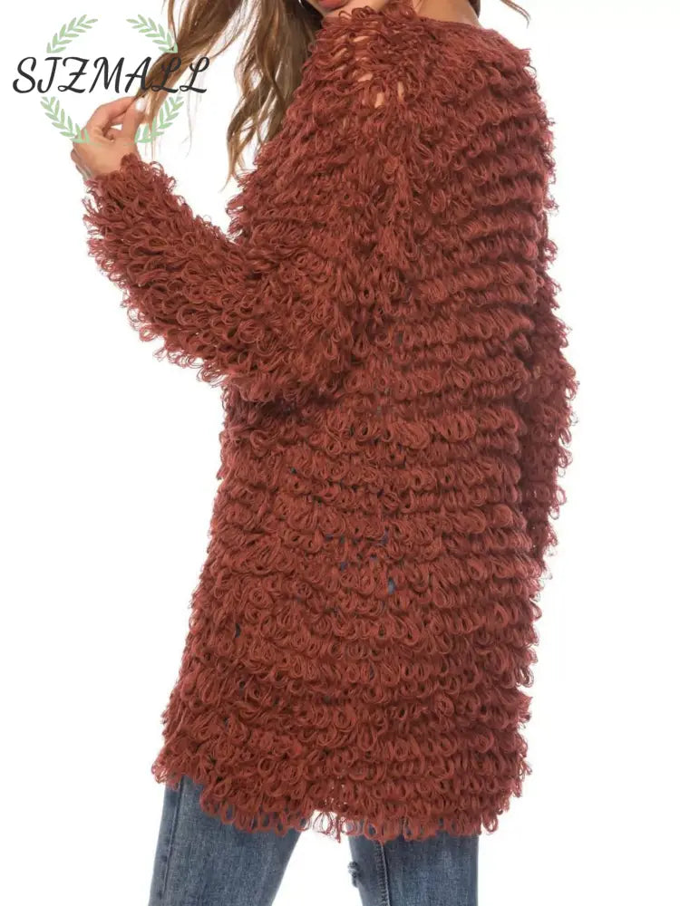 Textured Knit Button Up Cardigan - Brown / One Size