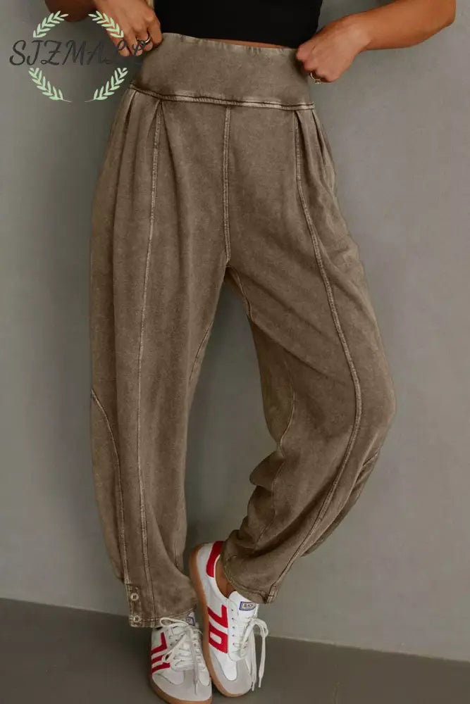Vintage Wash High-Waisted Balloon Pants - Camel / S
