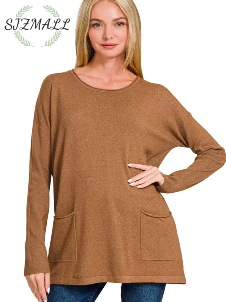 Viscose Long Sleeve Front Pockets Sweater - H DEEP CAMEL / S/M