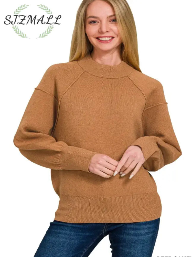 Viscose Mock Neck Exposed Seam Sweater - DEEP CAMEL / S