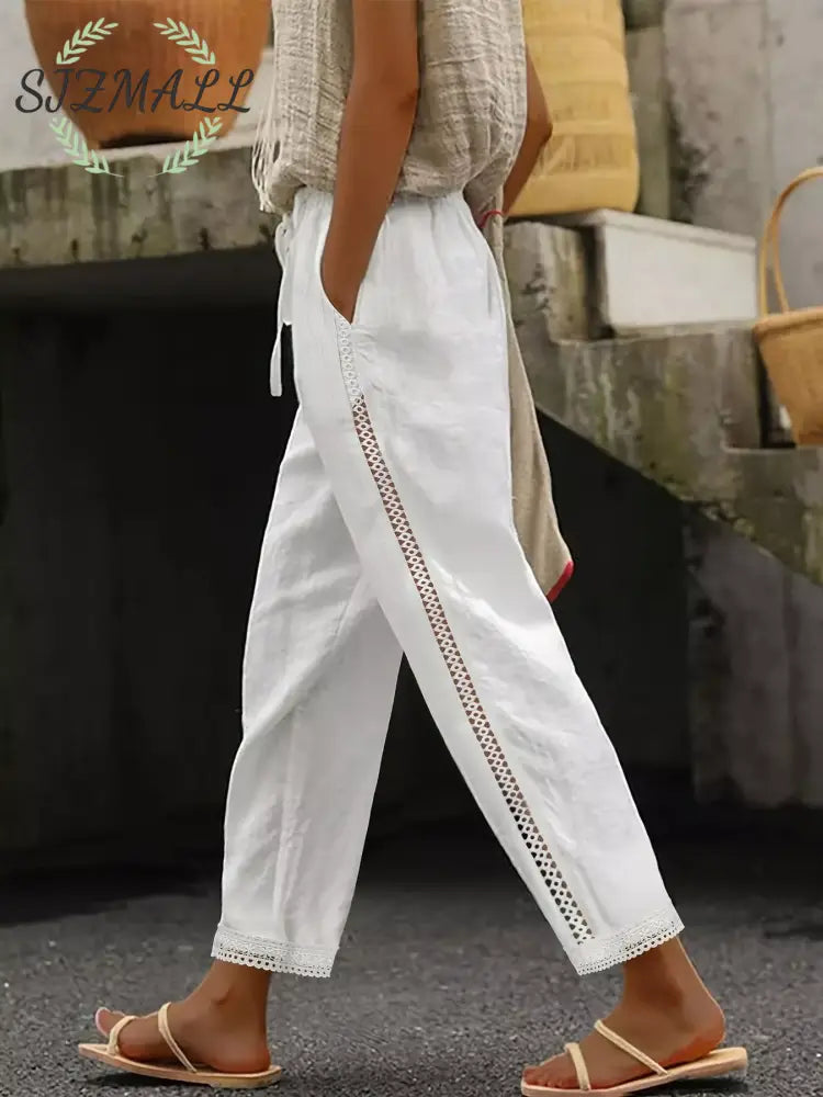 Wide Leg Cropped Pants - White / S