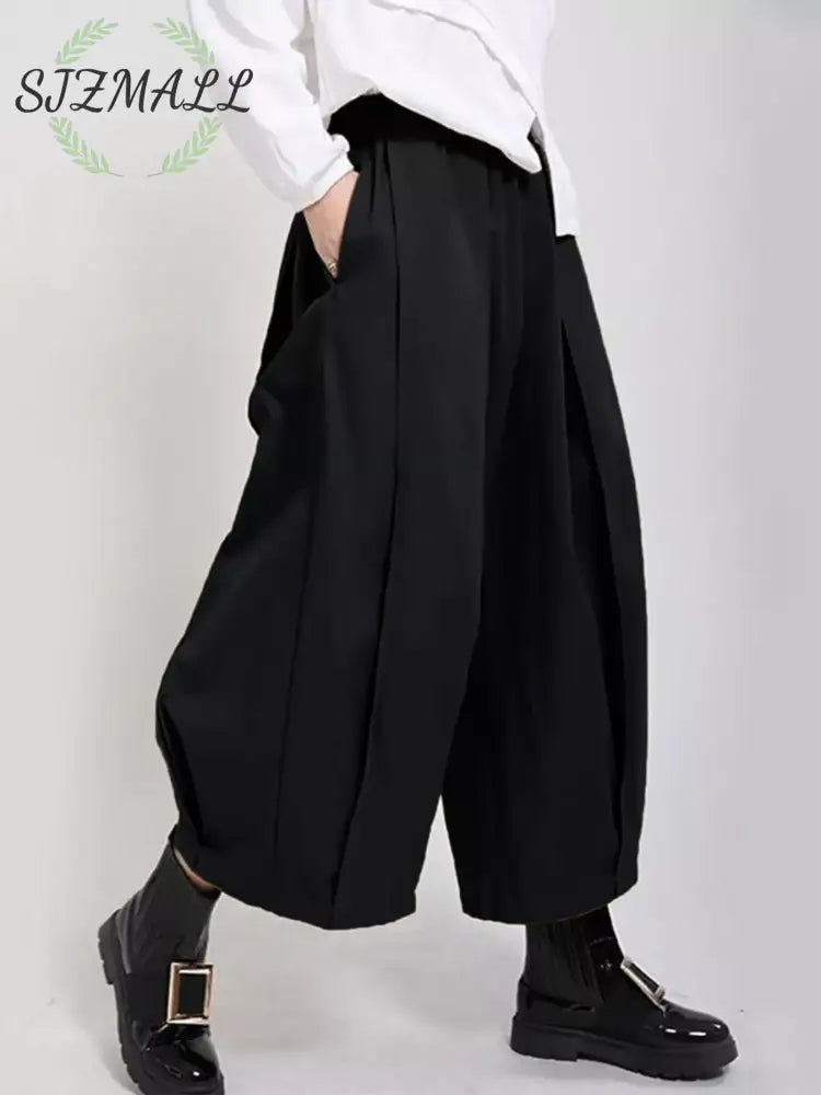 Wide Leg Pleated Detail Pants - Black / S