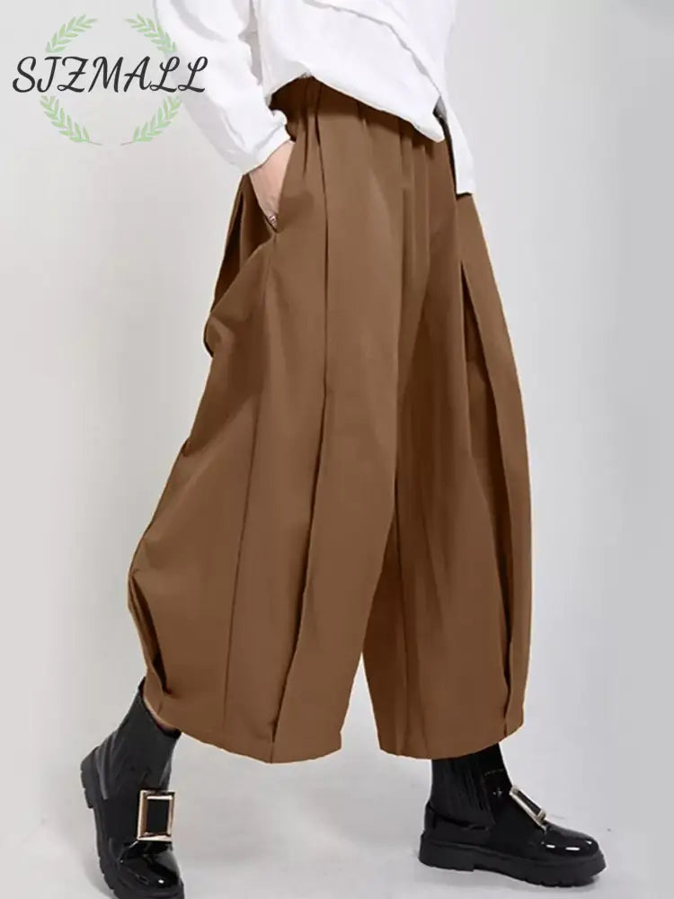 Wide Leg Pleated Detail Pants - Brown / S