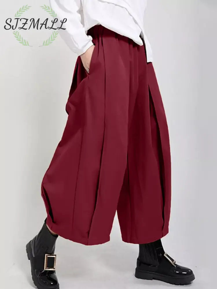 Wide Leg Pleated Detail Pants - Burgundy / S