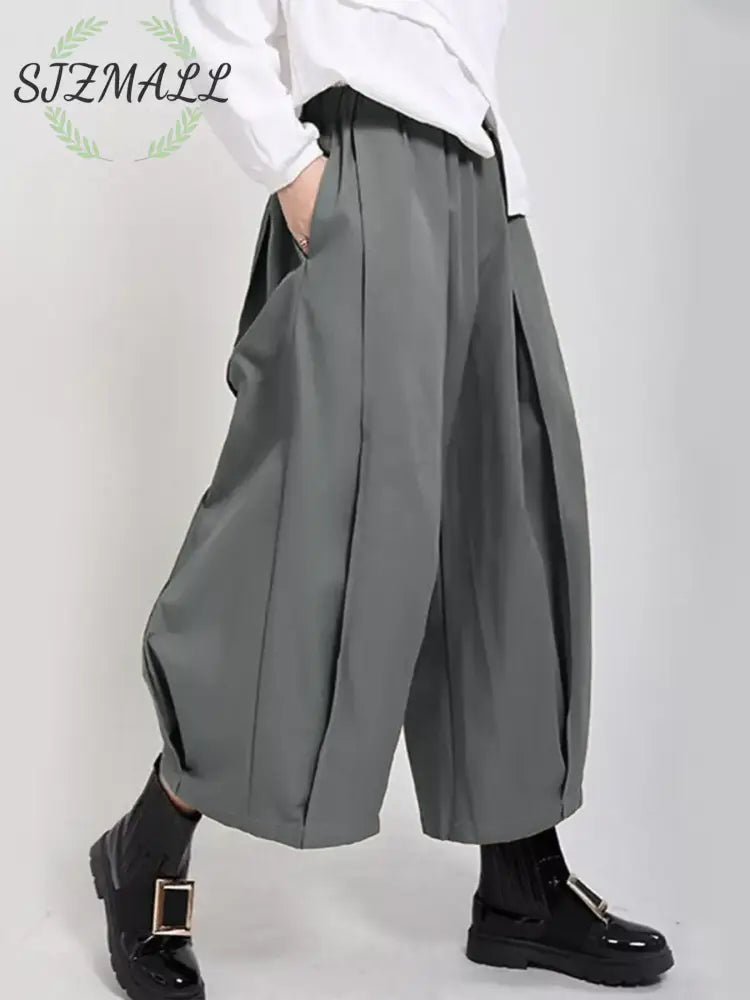 Wide Leg Pleated Detail Pants - Gray / S