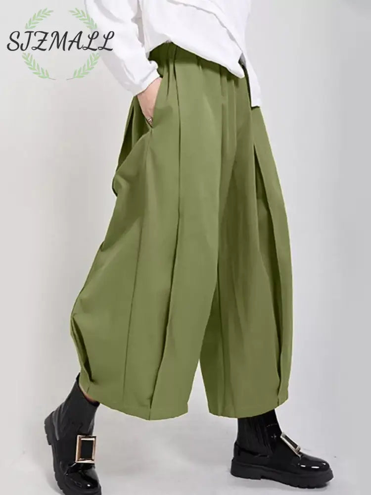 Wide Leg Pleated Detail Pants - Matcha Green / S