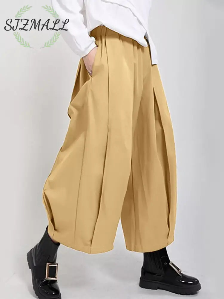 Wide Leg Pleated Detail Pants - Tan / S