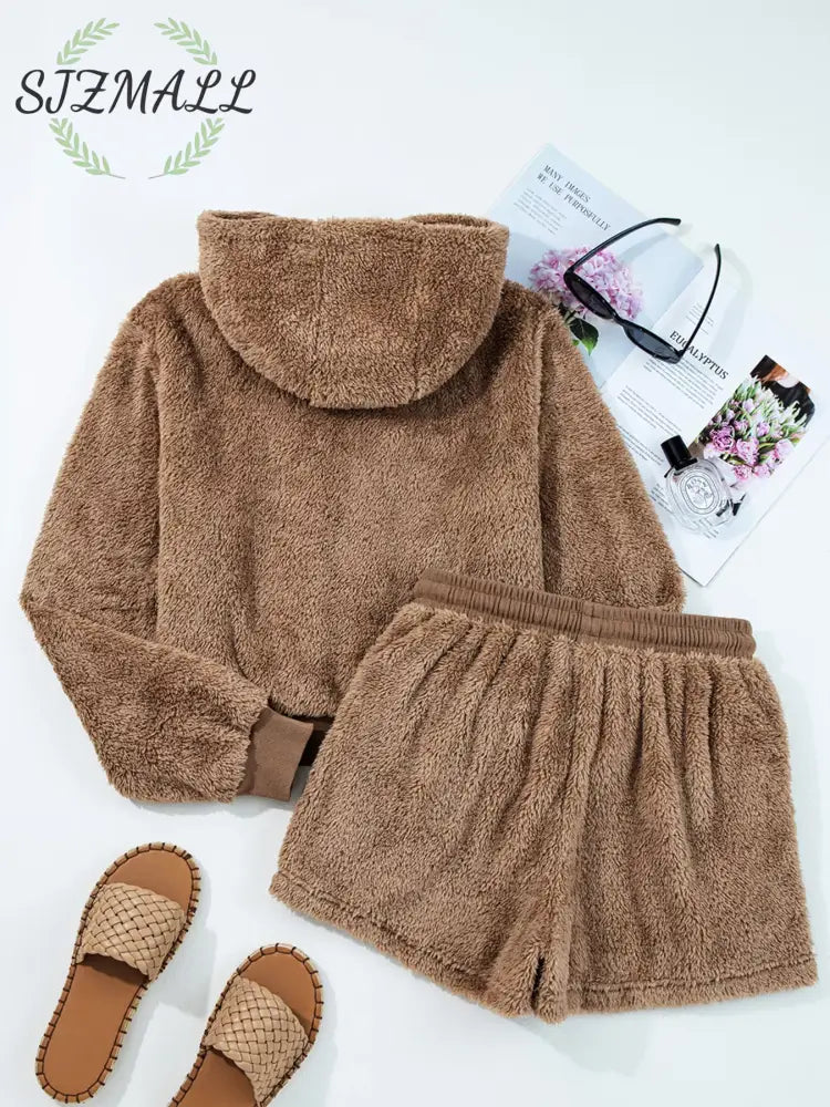 Zip Up Hoodie and Drawstring Shorts 2pcs Outfit