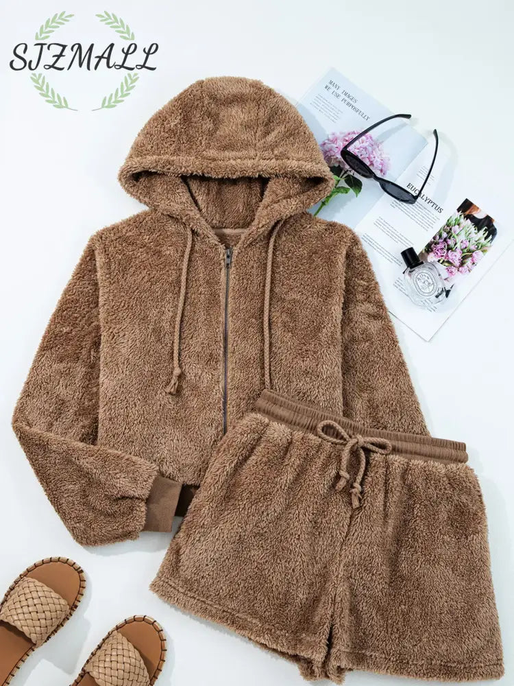 Zip Up Hoodie and Drawstring Shorts 2pcs Outfit