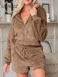 Zip Up Hoodie and Drawstring Shorts 2pcs Outfit - Camel / S